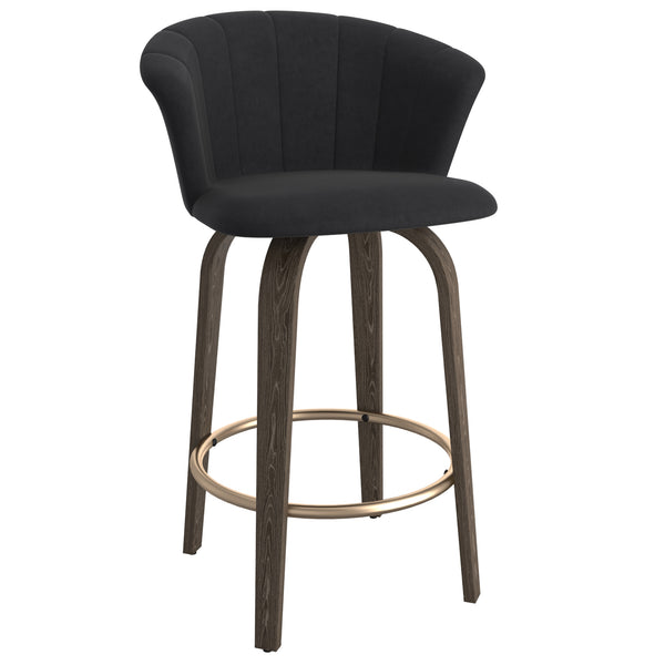 Worldwide Home Furnishings Tula-26'' Stylish Black Counter Stool With Plush Velvet Seat And Elegant Walnut Legs For Comfort Black,Washed Oak Velvet,Solid Wood 203-583bk