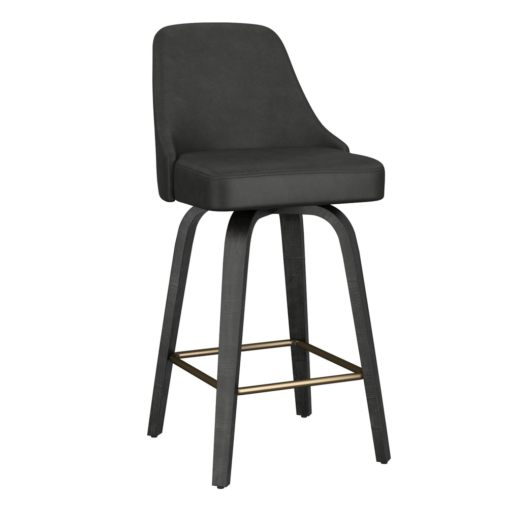 Worldwide Home Furnishings Oakley-26'' Stylish Counter Stool With Swivel Feature, Vintage Faux Leather & Bentwood Legs Charcoal,Black Faux Leather,Bentwood 203-887ch