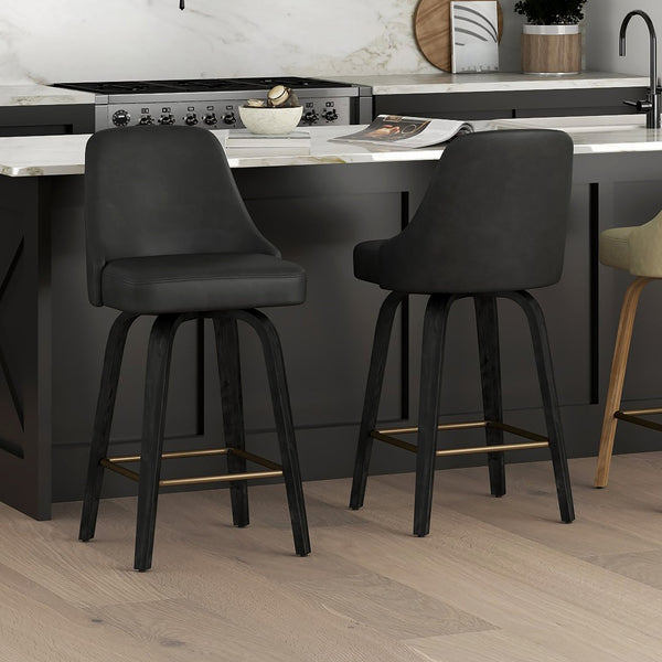 Worldwide Home Furnishings Oakley-26'' Stylish Counter Stool With Swivel Feature, Vintage Faux Leather & Bentwood Legs Charcoal,Black Faux Leather,Bentwood 203-887ch