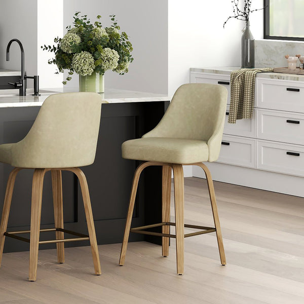 Worldwide Home Furnishings Oakley-26'' Stylish Counter Stool With Swivel Feature, Vintage Faux Leather & Bentwood Legs Ivory,Whitewash Faux Leather,Bentwood 203-887iv