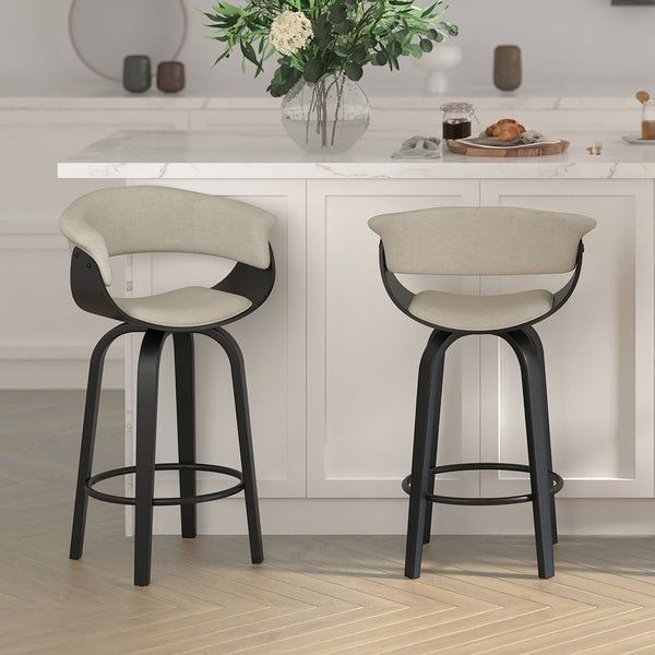 Worldwide Home Furnishings Holt-26" Stylish Mid-century Counter Stool With Swivel, Curved Bentwood Frame, And Plush Comfort Beige,Black Fabric,Bentwood 203-981bg_Bk