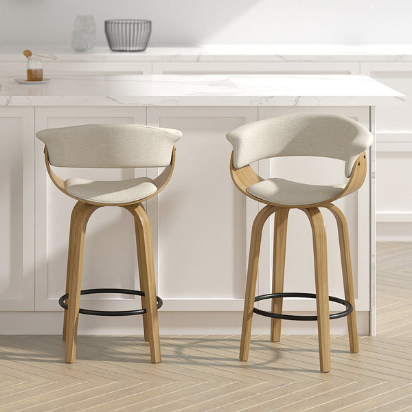 Worldwide Home Furnishings Holt-26" Stylish Mid-century Counter Stool With Swivel, Curved Bentwood Frame, And Plush Comfort Beige,Natural Fabric,Bentwood 203-981bg_Nt