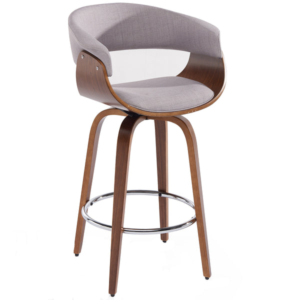 Worldwide Home Furnishings Holt-26" Stylish Mid-century Counter Stool With Curved Bentwood Frame And 360° Swivel Comfort Grey,Walnut Fabric,Bentwood 203-981gy