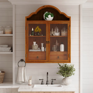 English Elm Vintage Wave-top Solid Wood Wall Cabinet Distressed Brown Finish for Kitchen or Bath W757P433279