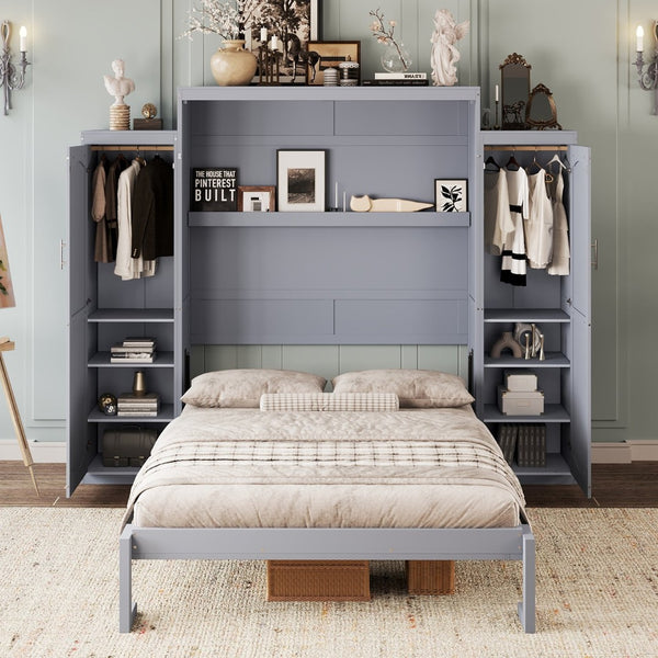 English Elm Queen Murphy Wall Bed Walnut Wooden Frame Dual Wardrobes Foldable Guest Room Storage N733S235627E