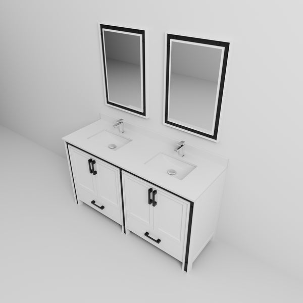 English Elm White Double Bath Vanity 60 in W x 22 in D with White Quartz Countertop, Chrome Faucet & Mirrors B2731S01126