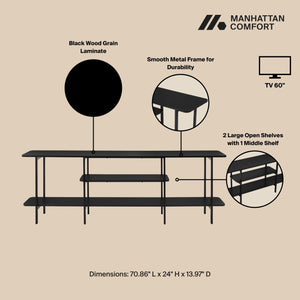 English Elm Celine 71" Console Table with 3 Shelves for TVs up to 60" – Sturdy MDF Top & Steel Legs, Stylish Display Solution Black B365P397668