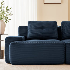 English Elm Modern Corduroy Sectional Sofa Deep Seat V Shape Tufted Couch with Movable Ottoman Blue W714S01579