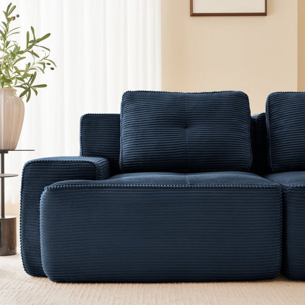 English Elm Modern Corduroy Sectional Sofa Deep Seat V Shape Tufted Couch with Movable Ottoman Blue W714S01579