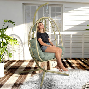 English Elm Hanging Egg Chair Wicker Swing with Stand Cushion Patio Balcony Ergonomic Cradle T5880P497574