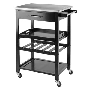 Winsome Wood Anthony Kitchen Utility Cart With Stainless Steel Top, Black Finish, Wine Storage & Mobility Features Black Solid ,Composite Wood ,Stainless Steel 20326-winsome-wood