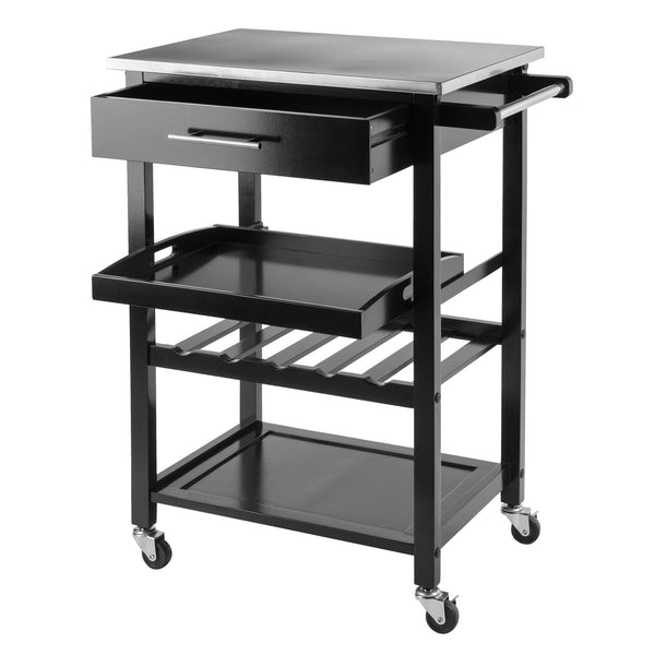 Winsome Wood Anthony Kitchen Utility Cart With Stainless Steel Top, Black Finish, Wine Storage & Mobility Features Black Solid ,Composite Wood ,Stainless Steel 20326-winsome-wood