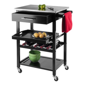 Winsome Wood Anthony Kitchen Utility Cart With Stainless Steel Top, Black Finish, Wine Storage & Mobility Features Black Solid ,Composite Wood ,Stainless Steel 20326-winsome-wood