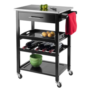 Winsome Wood Anthony Kitchen Utility Cart With Stainless Steel Top, Black Finish, Wine Storage & Mobility Features Black Solid ,Composite Wood ,Stainless Steel 20326-winsome-wood