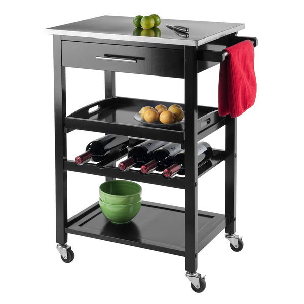 Winsome Wood Anthony Kitchen Utility Cart With Stainless Steel Top, Black Finish, Wine Storage & Mobility Features Black Solid ,Composite Wood ,Stainless Steel 20326-winsome-wood