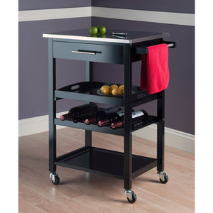 Winsome Wood Anthony Kitchen Utility Cart With Stainless Steel Top, Black Finish, Wine Storage & Mobility Features Black Solid ,Composite Wood ,Stainless Steel 20326-winsome-wood