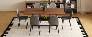 English Elm Table Set With Walnut Grain Dining Table & 6 Dark Gray Linen-Cotton Chairs For Modern Homes W1151S04294-GIGA