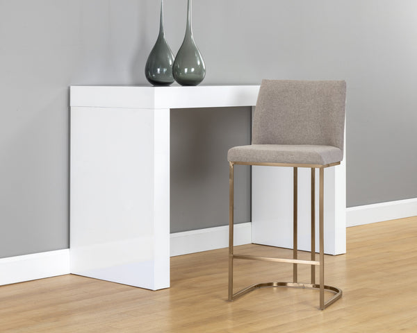 Sunpan Rayla Counter Stool - Elegant Cantilever Design with Textured Fabric and Antique Brass Frame Belfast Oyster Shell