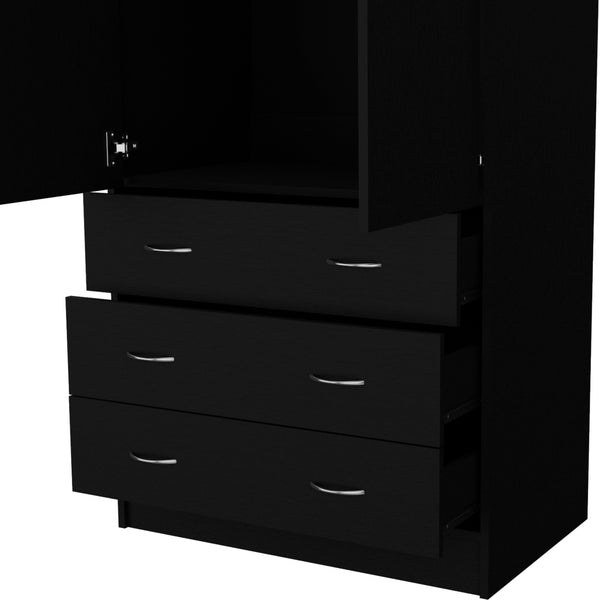 English Elm FM FURNITURE Prescott Armoire Black - Elegant 2-Door Closet with 3 Drawers, Hanging Rod, Durable Design B128S00062