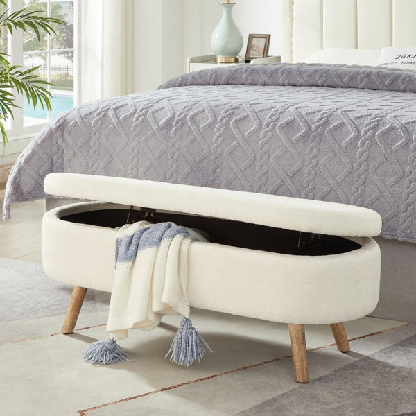 English Elm Luxury Boucle Oval Ottoman Bench with Hidden Storage Rubberwood Legs Entryway Seat Ivory W2186P430717