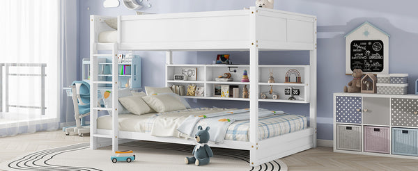 English Elm Queen Over Queen Floor Bunk Bed with Built-In Storage Shelves, USB Charging Station, Solid Pine Frame, Safety Rails and LadderDesigned for Space Saving and Modern Bedrooms White W504S00240