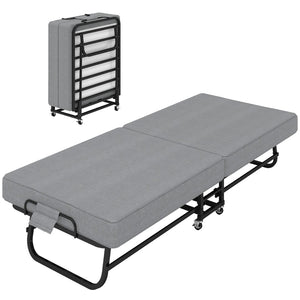 English Elm Portable Guest Folding Bed with Memory Foam and Linen Upholstery on Lockable Casters T3963P481971