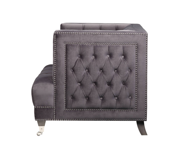 English Elm Hegio Gray Velvet Accent Chair with Pillow, Chesterfield Tufted Back, Nailhead Trim & Caster Legs B2726P284222