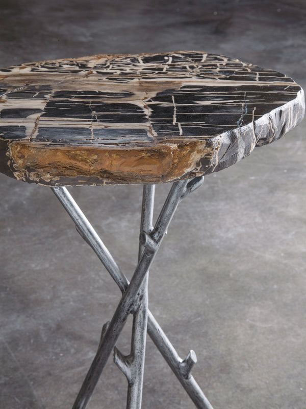 Lexington Artistica Home Shane Spot Table - Hand-forged Iron Base With Unique Petrified Wood Top For Elegant Home Décor Natural Iron Wood 2035-951