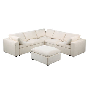 English Elm Modular 6-Seat Sectional Sofa With Reversible Chaise & Ottomans – Versatile Beige Couch For Living Rooms W1123S00045