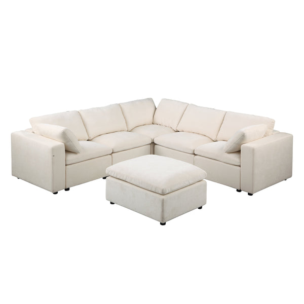 English Elm Modular 6-Seat Sectional Sofa With Reversible Chaise & Ottomans – Versatile Beige Couch For Living Rooms W1123S00045