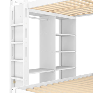 English Elm Full Solid Wood Loft Bed with Removable Lower Bed, Built-In Desk, Shelves & Wardrobe for Space-Saving Designs White W1580S00211