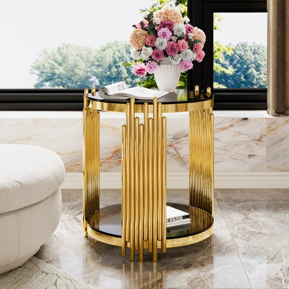 English Elm Modern Round Mirrored Glass End Table with Gold Metal Frame and Lower Display Shelf Black N735P380092B