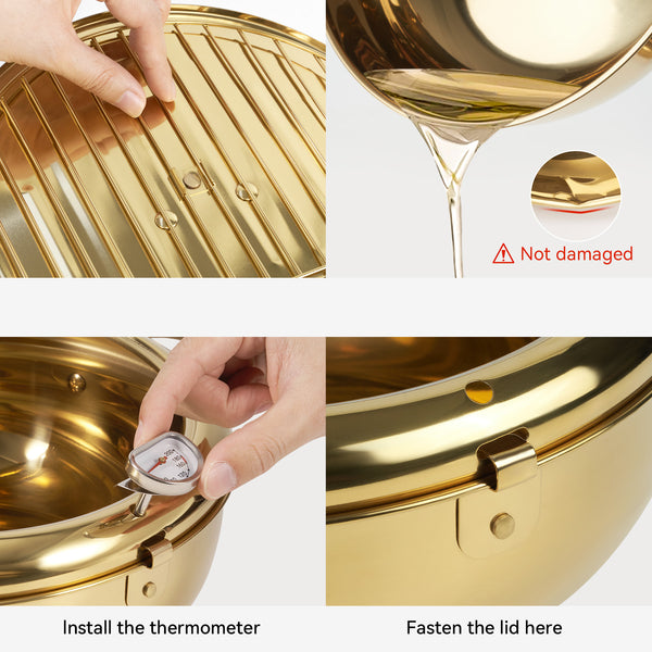 English Elm Stainless Steel Deep Frying Pot with Thermometer, Oil Drain Spout & Splash Lid for Tempura Cooking T3950P404654