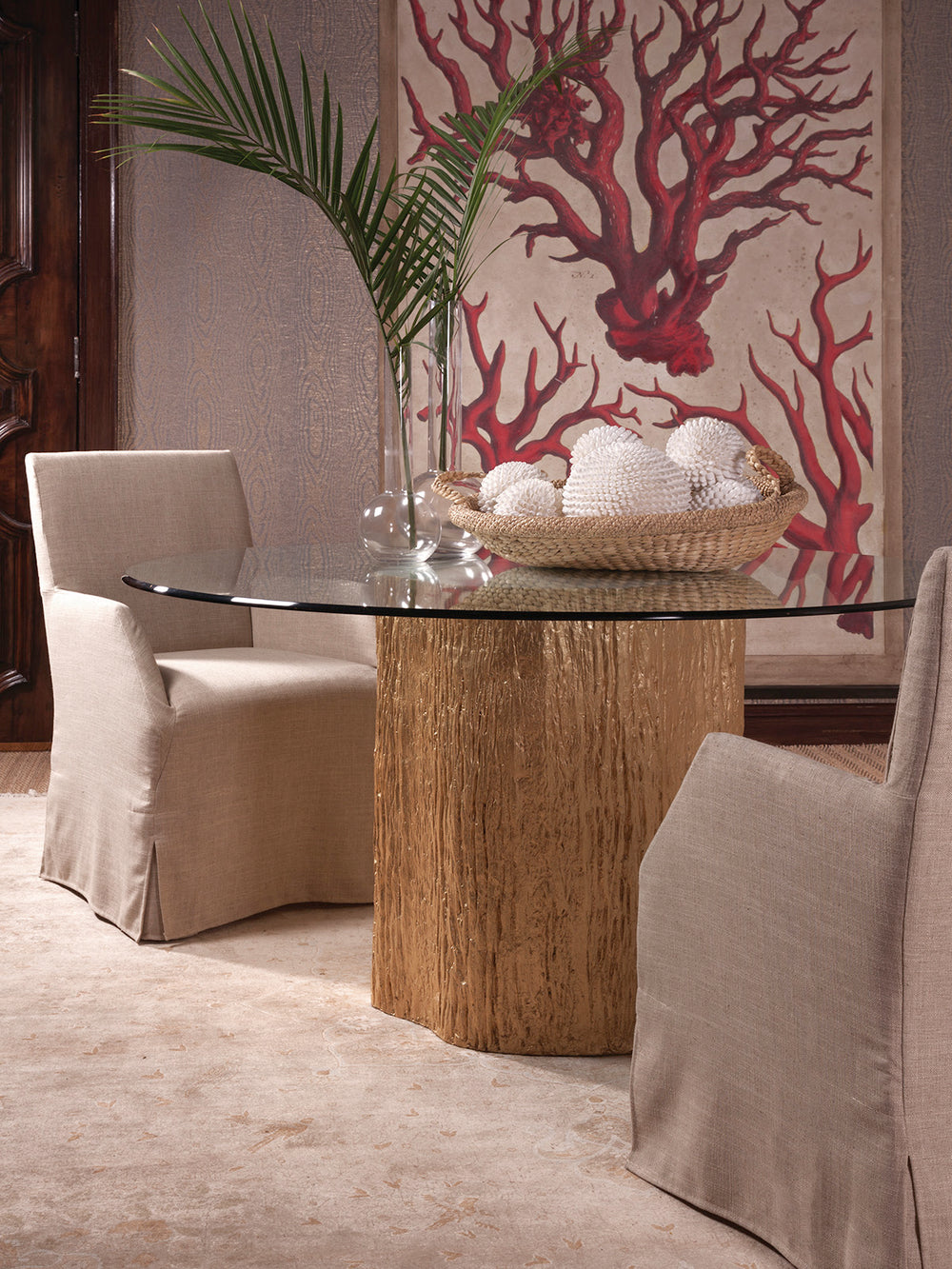 Lexington Artistica Home Trunk Round Dining Table With Stunning Glass Top And Unique Fossilized Clam Shell Inlay Design Gold Wood 2036-870-56c