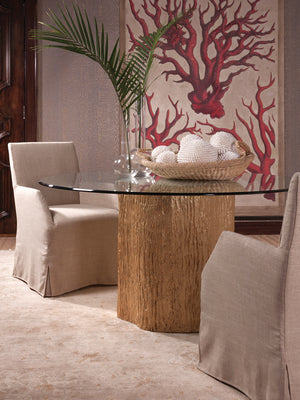 Lexington Artistica Home Trunk Round Dining Table With Stunning Glass Top And Unique Fossilized Clam Shell Inlay Design Gold Wood 2036-870-56c