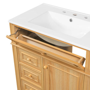 English Elm 30" Pine Wood Bathroom Vanity with Ceramic Sink Soft Close Drawers and Vintage Knobs N725P375498N