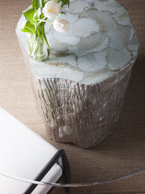 Lexington Artistica Home Trunk Round Dining Table With Stunning Glass Top And Unique Fossilized Clam Shell Inlay Design Silver Leaf Wood 2037-870-56c