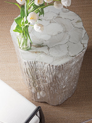 Lexington Artistica Home Trunk Round Dining Table With Stunning Glass Top And Unique Fossilized Clam Shell Inlay Design Silver Leaf Wood 2037-870-56c