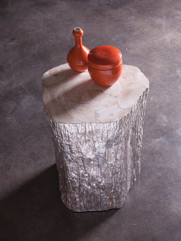 Lexington Artistica Home Trunk Accent Table - Unique Natureform Design With Fossilized Clam Shell Top For Stunning Decor Silver Leaf Wood 2037-951