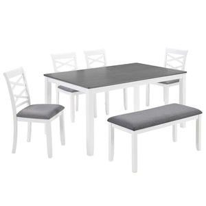 English Elm 6 Piece Rubberwood Dining Set with Bench and Linen Chairs for Transitional Kitchen W1998S00099
