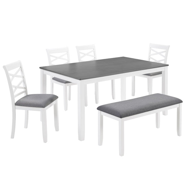 English Elm 6 Piece Rubberwood Dining Set with Bench and Linen Chairs for Transitional Kitchen W1998S00099