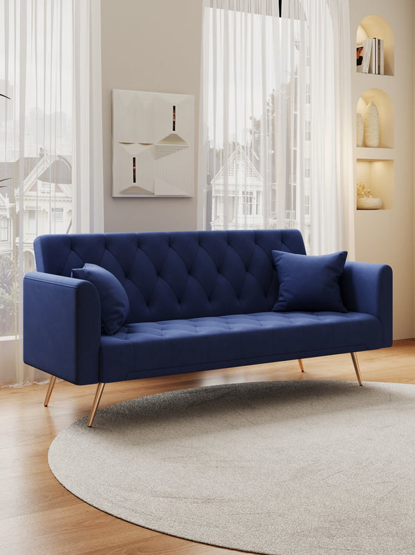 English Elm 71-inch Convertible Loveseat Sofa Bed in Blue Velvet with Gold Legs, 600LB Capacity, Compact Chic W165880950