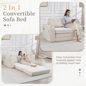 English Elm Convertible Floor Sofa Bed with Memory Foam and Ribbed Corduroy for Small Spaces Beige W395P438025