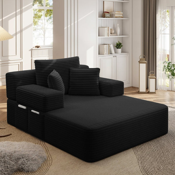 English Elm Luxurious Corduroy Convertible Chaise Lounge Sofa Bed with Foam Support for Apartments Black W3219P449015