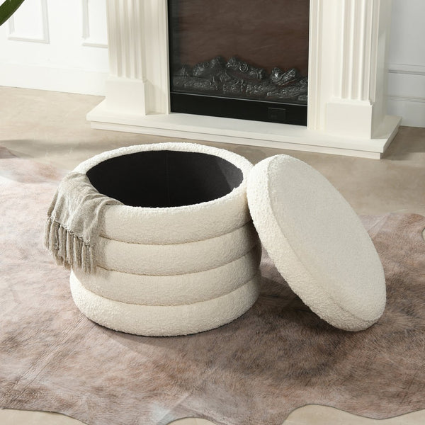 English Elm Jennifer Taylor Home - Fuji Oversized Round Storage Ottoman with Bouclé Upholstery, Kiln-Dried Birch Frame & Hidden Compartment White B2719P238418