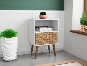 Manhattan Comfort Liberty Mid-Century Modern Nightstand White and 3D Brown Prints 203AMC67