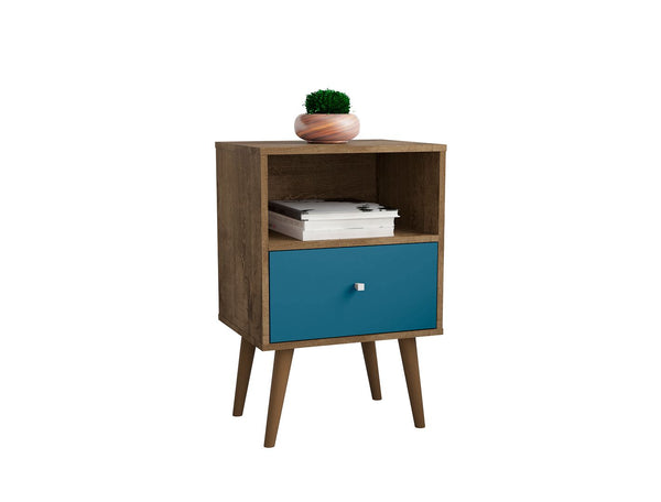 Manhattan Comfort Liberty Mid-Century Modern Nightstand Rustic Brown and Aqua Blue 203AMC93