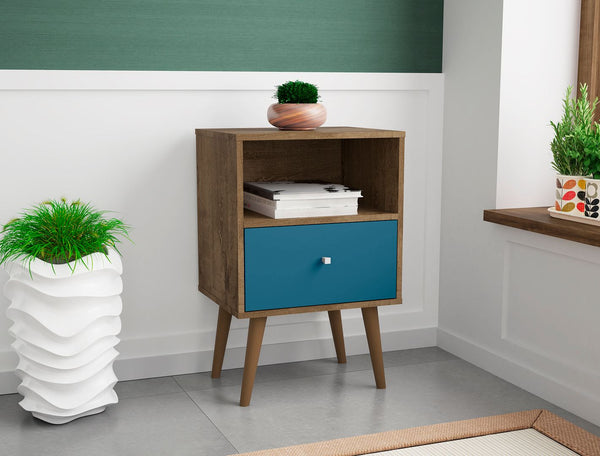 Manhattan Comfort Liberty Mid-Century Modern Nightstand Rustic Brown and Aqua Blue 203AMC93