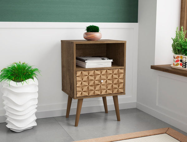 Manhattan Comfort Liberty Mid-Century Modern Nightstand Rustic Brown and 3D Brown Prints 203AMC97