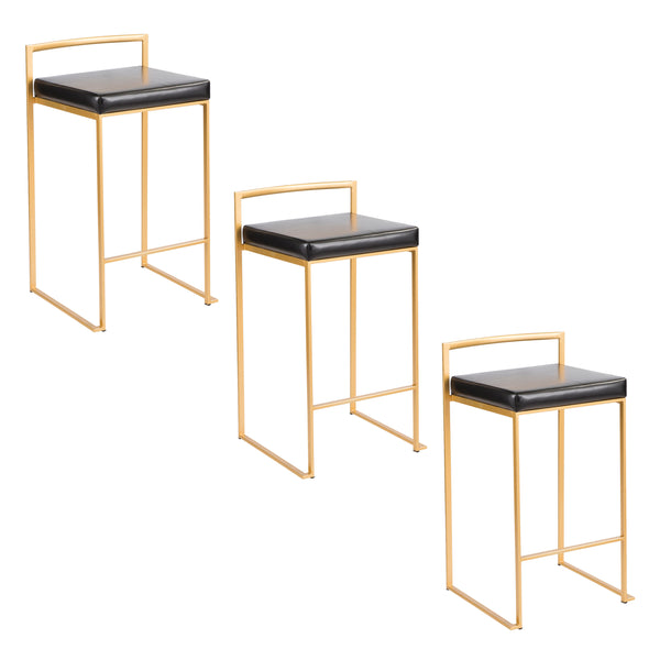 English Elm Fuji 26" Glam Gold Metal Counter Stools With Black Faux Leather - Set Of 3 For Stylish Dining B202P221992